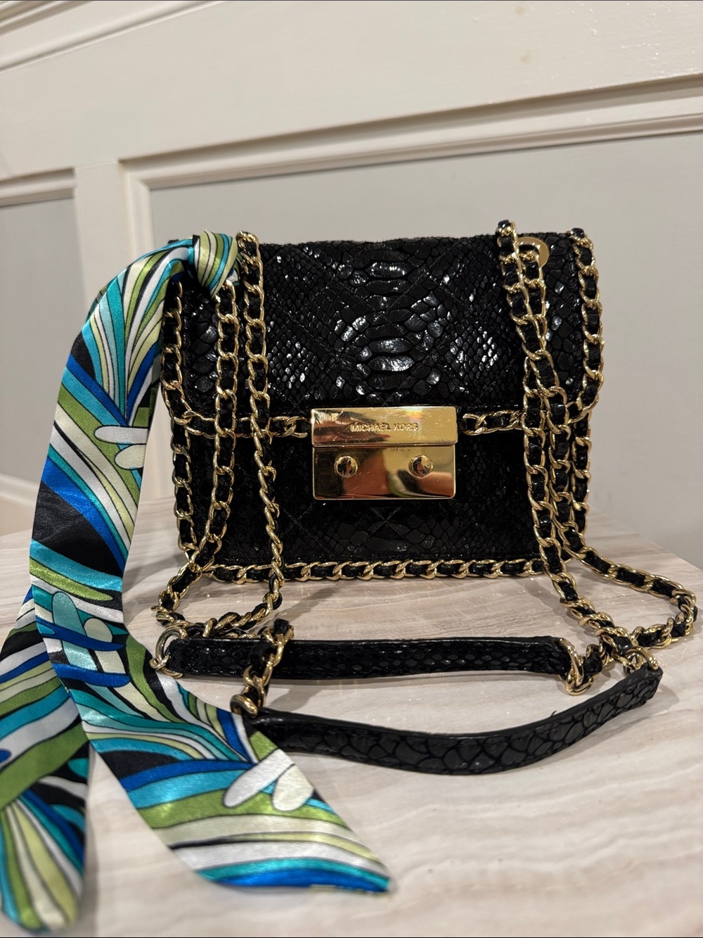 Michael Kors Bag Sloan Python Embossed Black Leather Convertible Crossbody - Picture 4 of 17